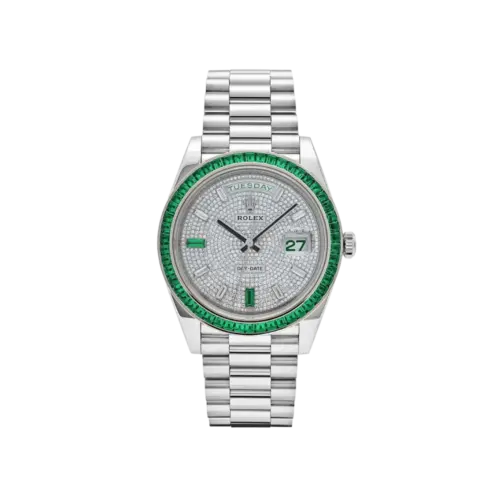 Rolex Day-Date 40 228396TEM Platinum Synthetic Stones Dial Emerald Bezel